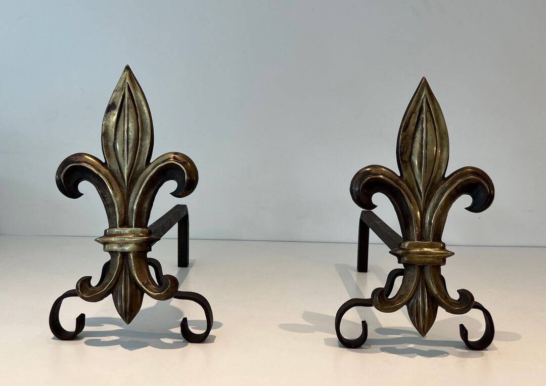 Pair of Bronze and Wrought Iron Chenets with Fleur-de-Lys Supports. France.