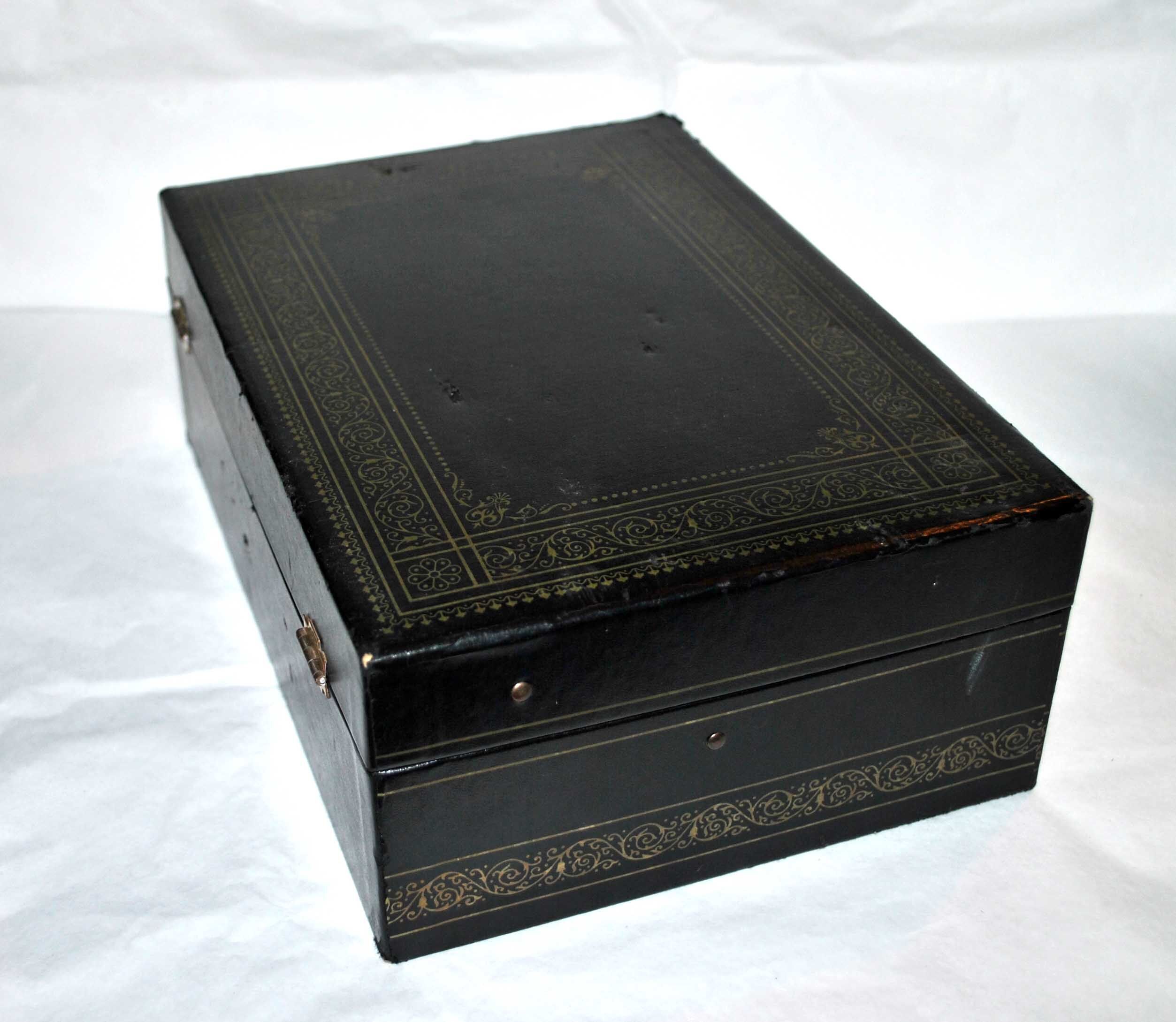 Vintage jewelry box in black leather and red interior