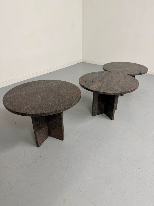Table basse gigogne 3 éléments rond en granit design années 70 vintage