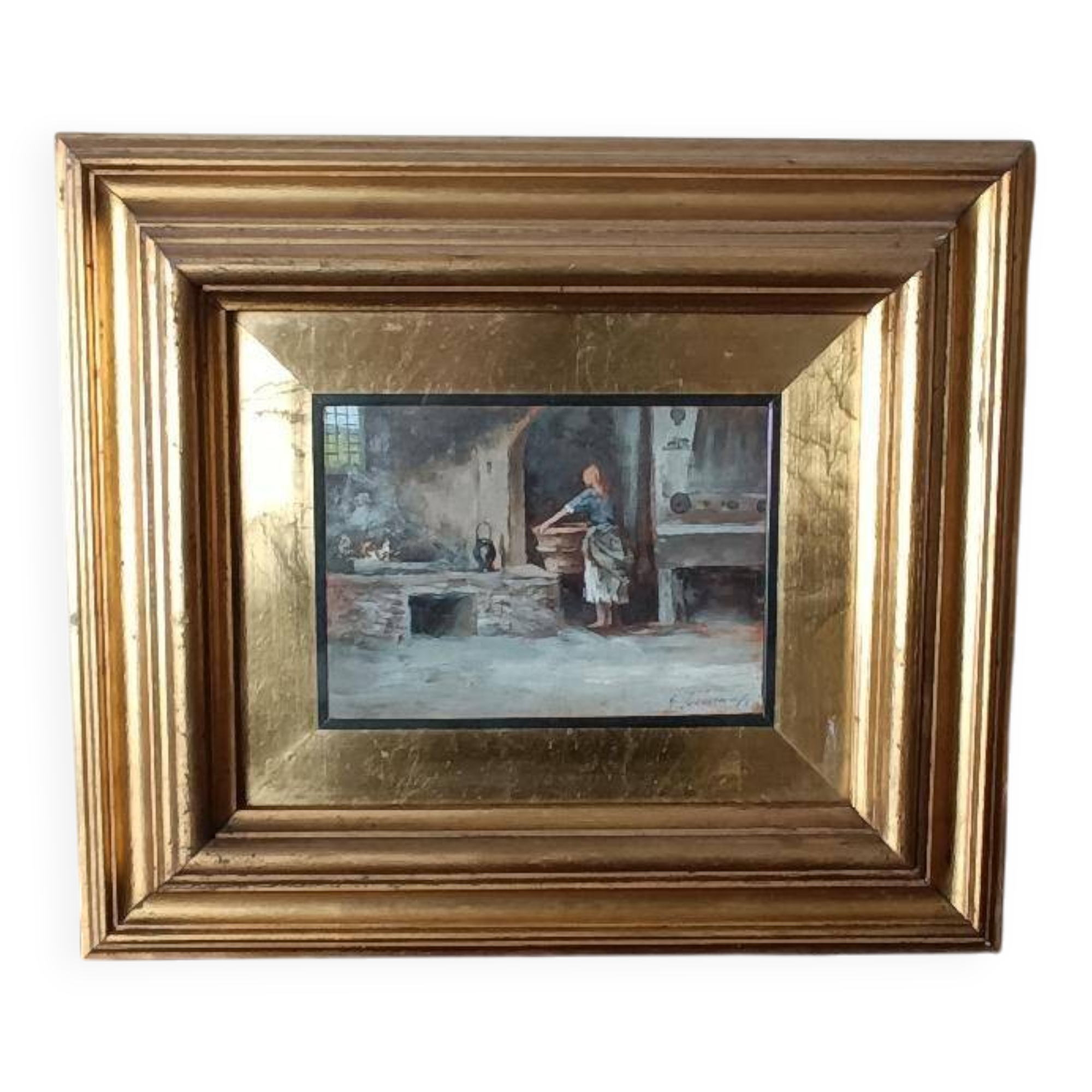 huile sur panneau "la lavandière" Gino Tommasi (1880-1942), début XXe siècl