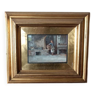 huile sur panneau "la lavandière" Gino Tommasi (1880-1942), début XXe siècl