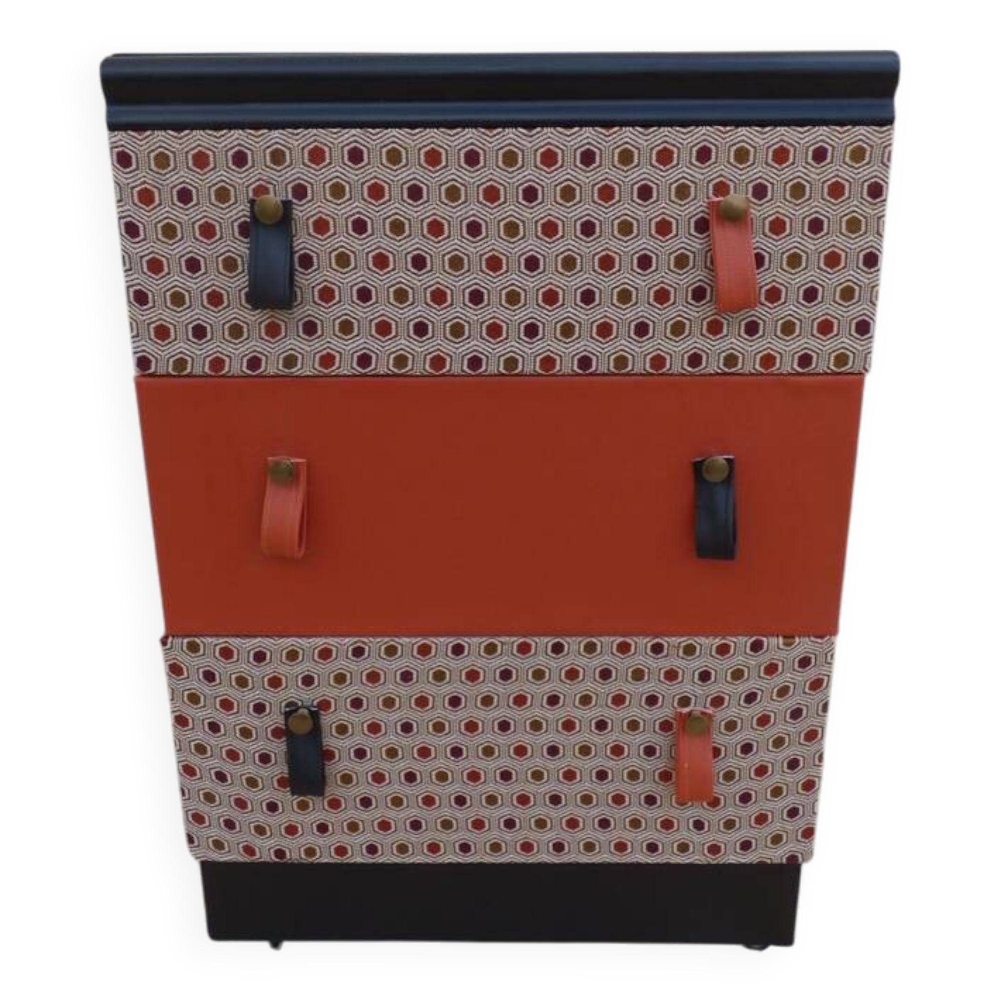 Vintage chest of drawers on wheels with three drawers in faux leather and fabric - Bouto