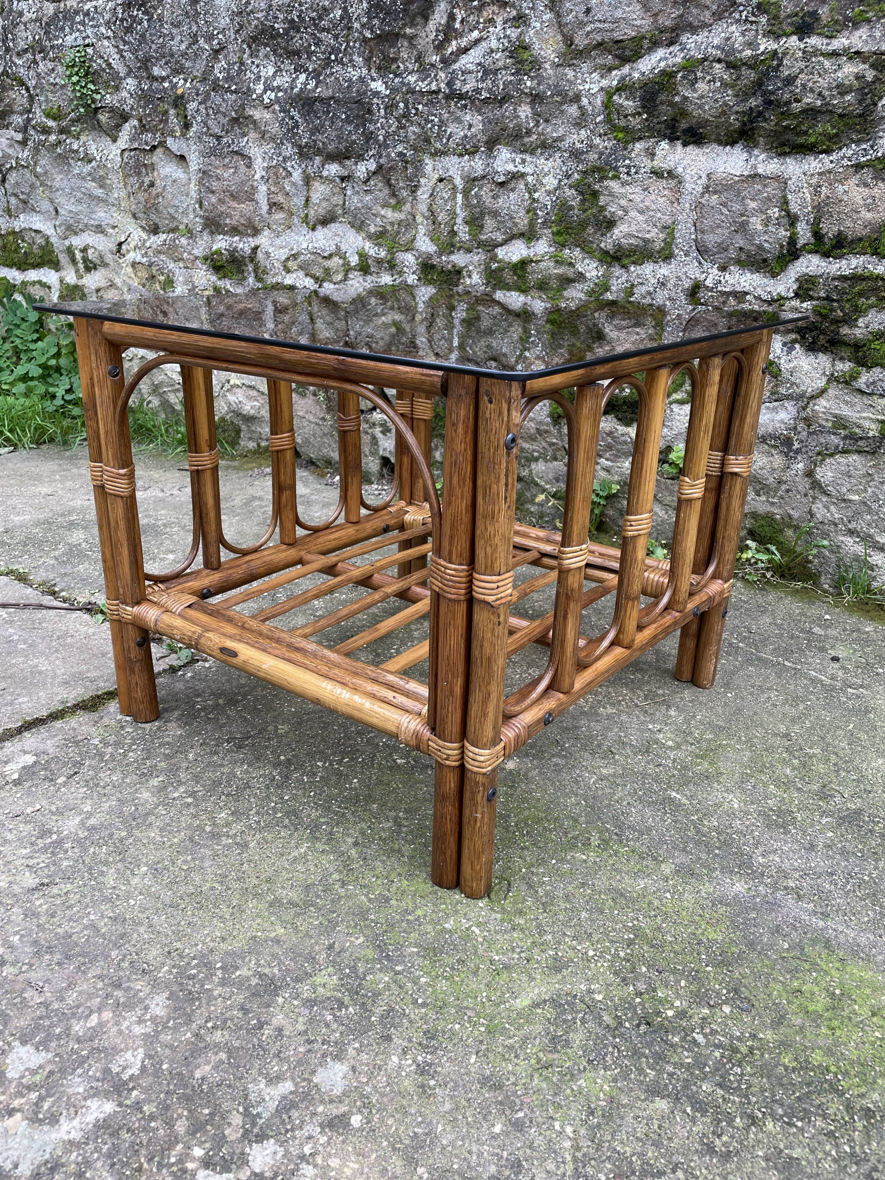 Square coffee table in smoked glass and bamboo, 1970.