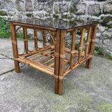 Square coffee table in smoked glass and bamboo, 1970