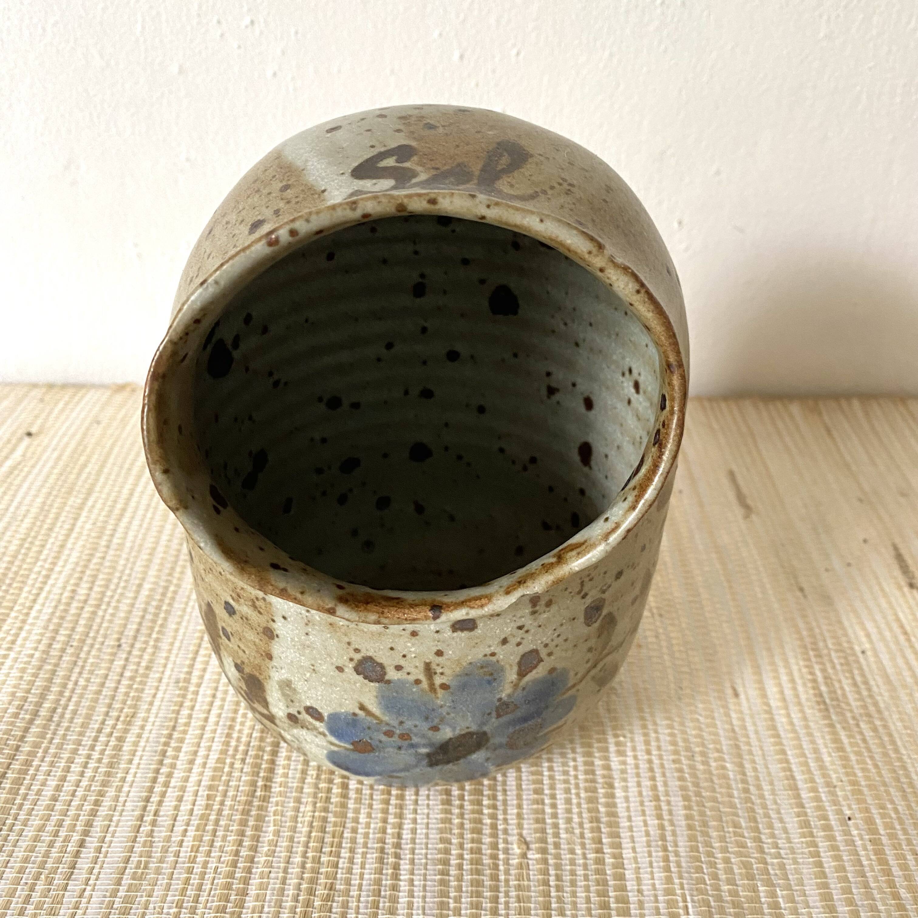 Stoneware salt pot, blue flower decor
