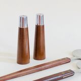 Set of Scandinavian salad cutlery, salt and pepper shaker in teak and steel