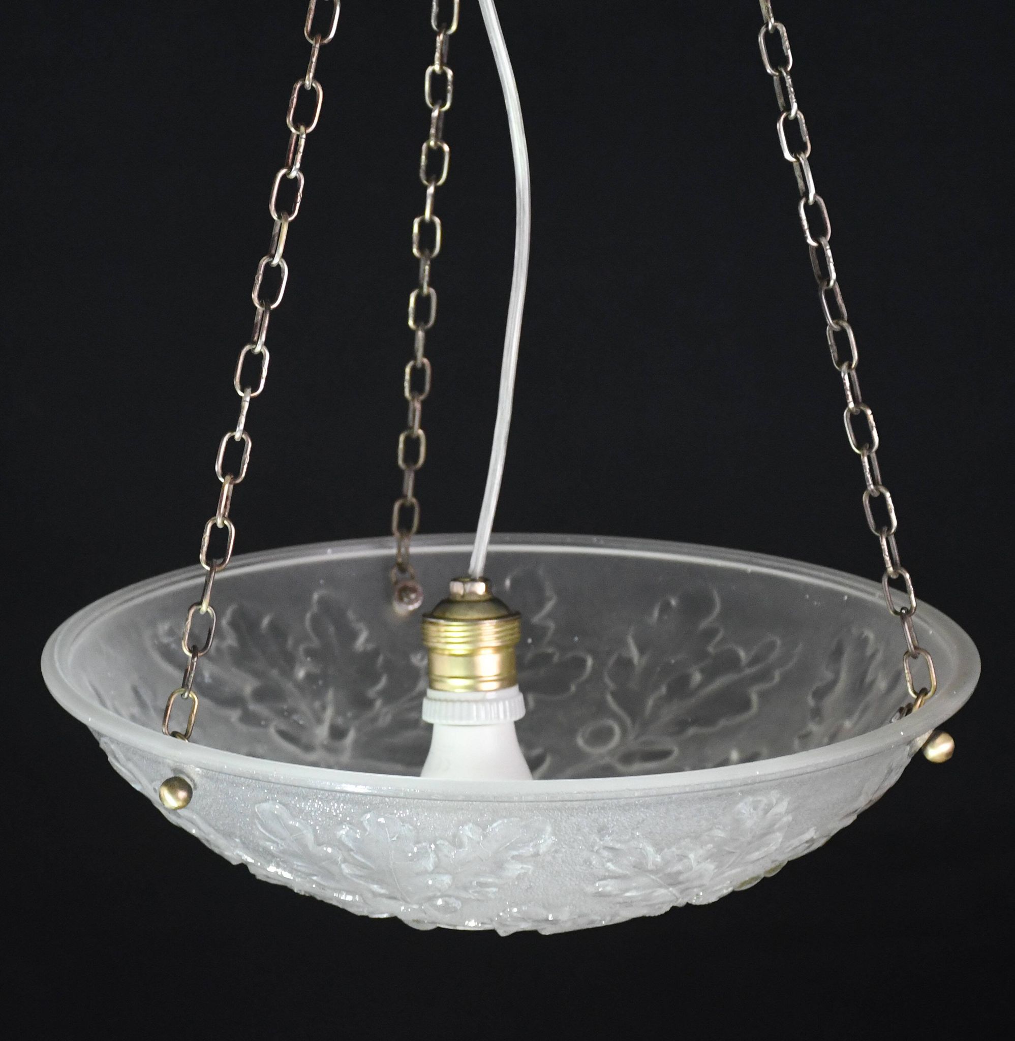 French Art Deco glass bowl pendant chandelier with floral pattern, 1950