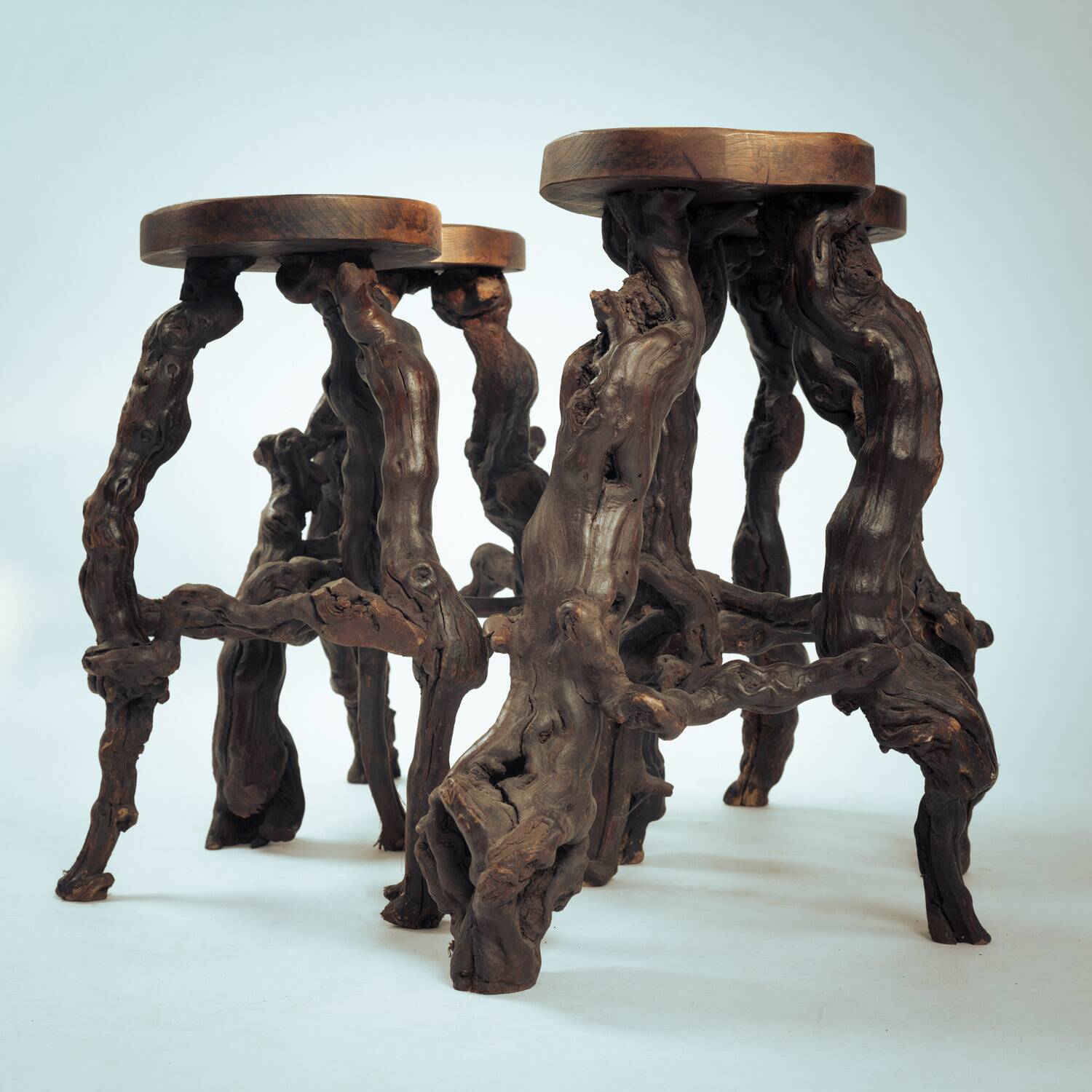 4 Tripod Bar Stools in Vine Wood and Oak, Handmade, France, 1950s