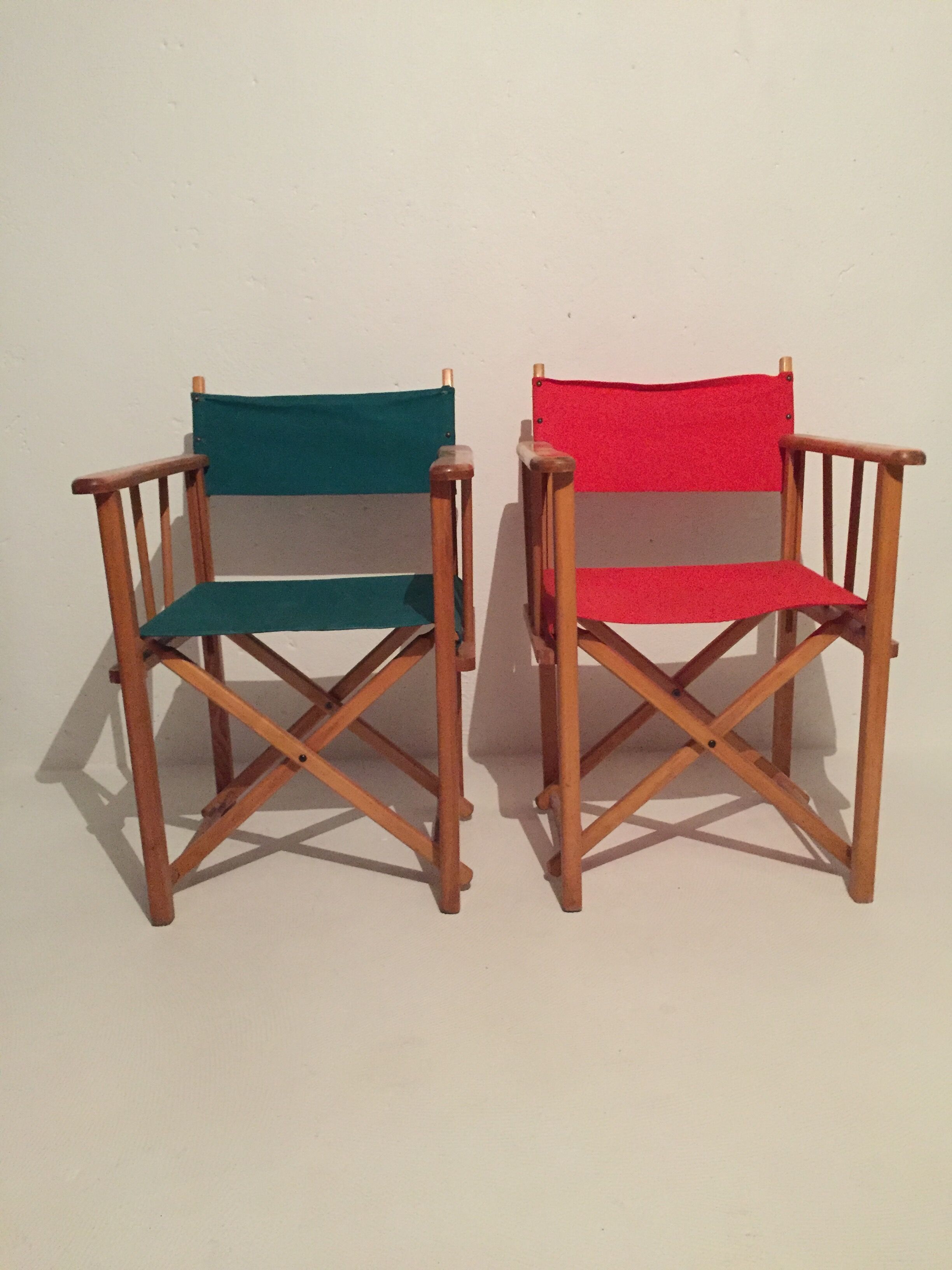 Pair of folding chairs in wood and vintage canvas, 1970s