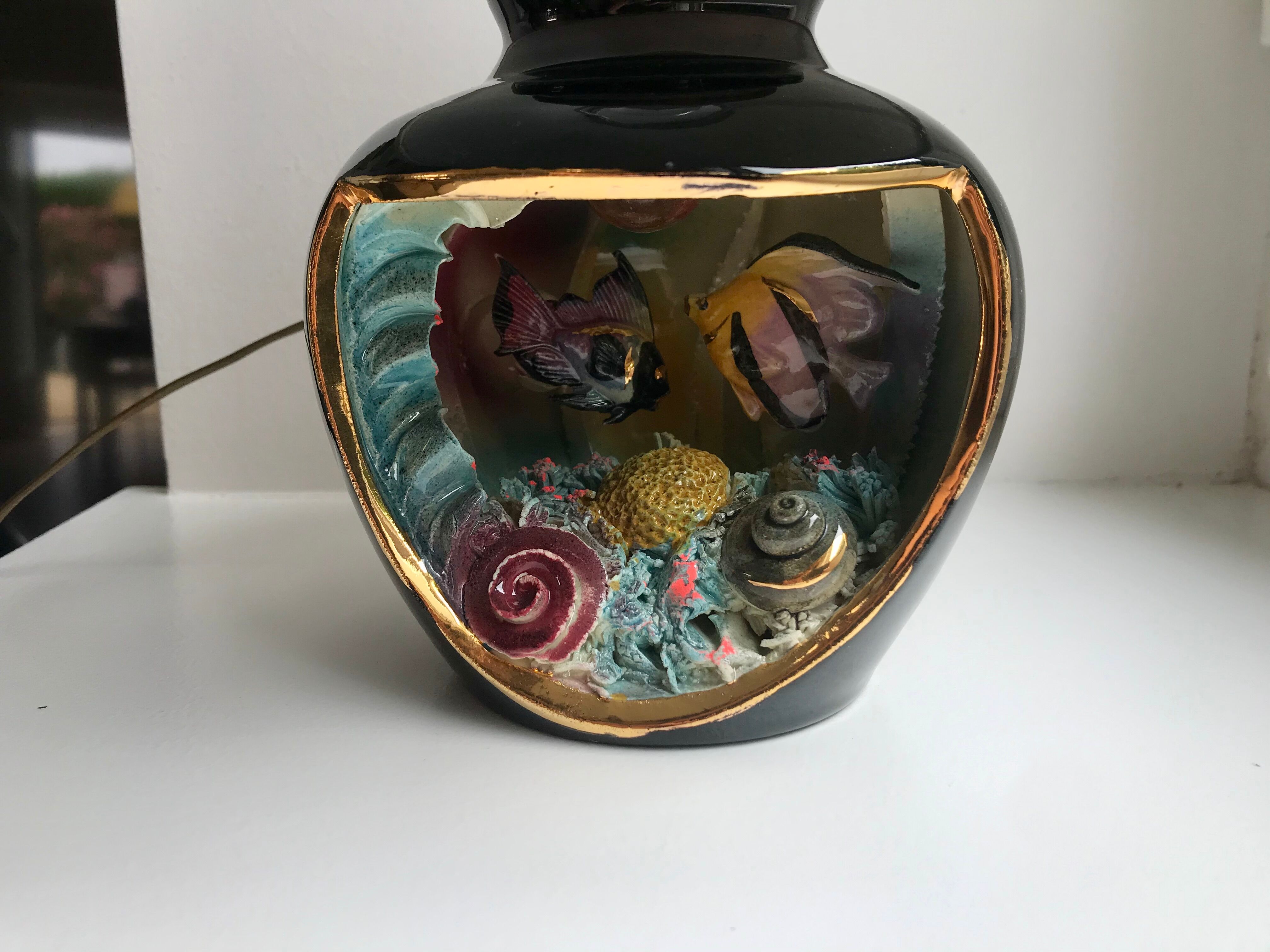 Lampe poisson Vallauris noir et grise avec abat-jour en lin années 70