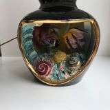 Black and grey Vallauris fish lamp with linen lampshade 70s