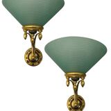 Large Green Murano Glass Brass Sconces Set of 2