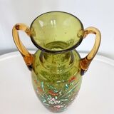 Enamelled green glass vase