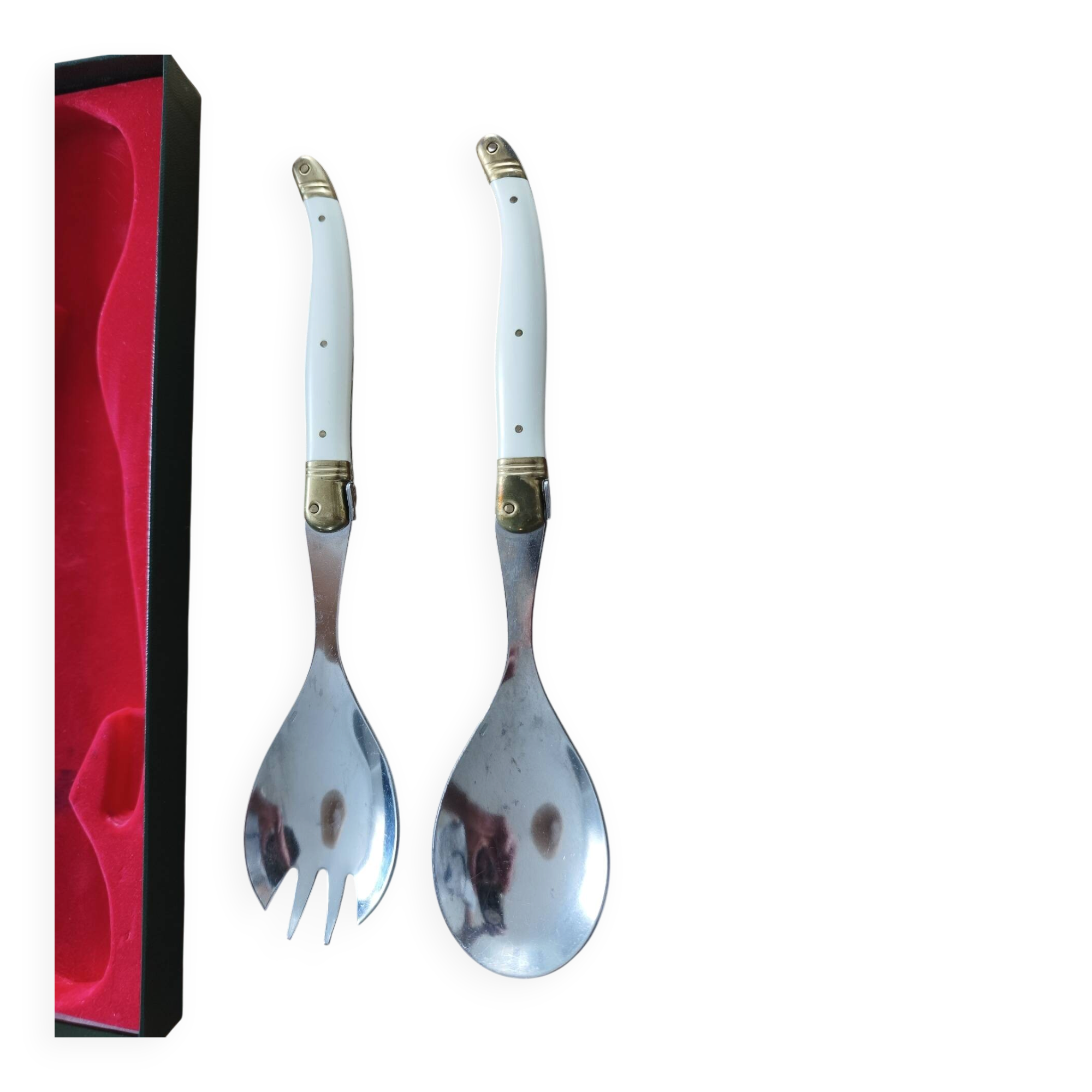 Laguiole salad service in its box – 2 pieces (White & Stainless Steel)