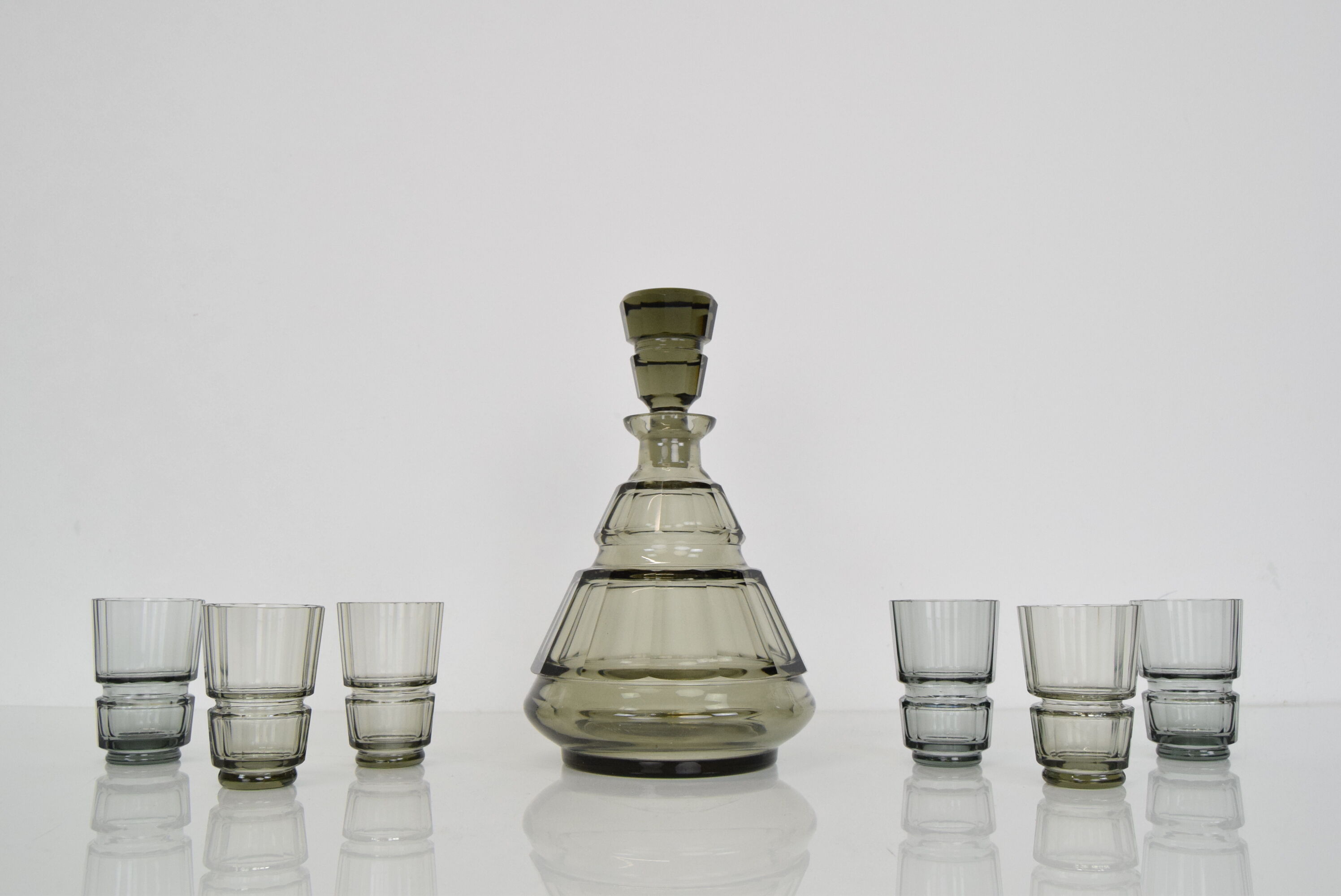 Art deco Glass Carafe with six glasses,Bohemia,1930's.