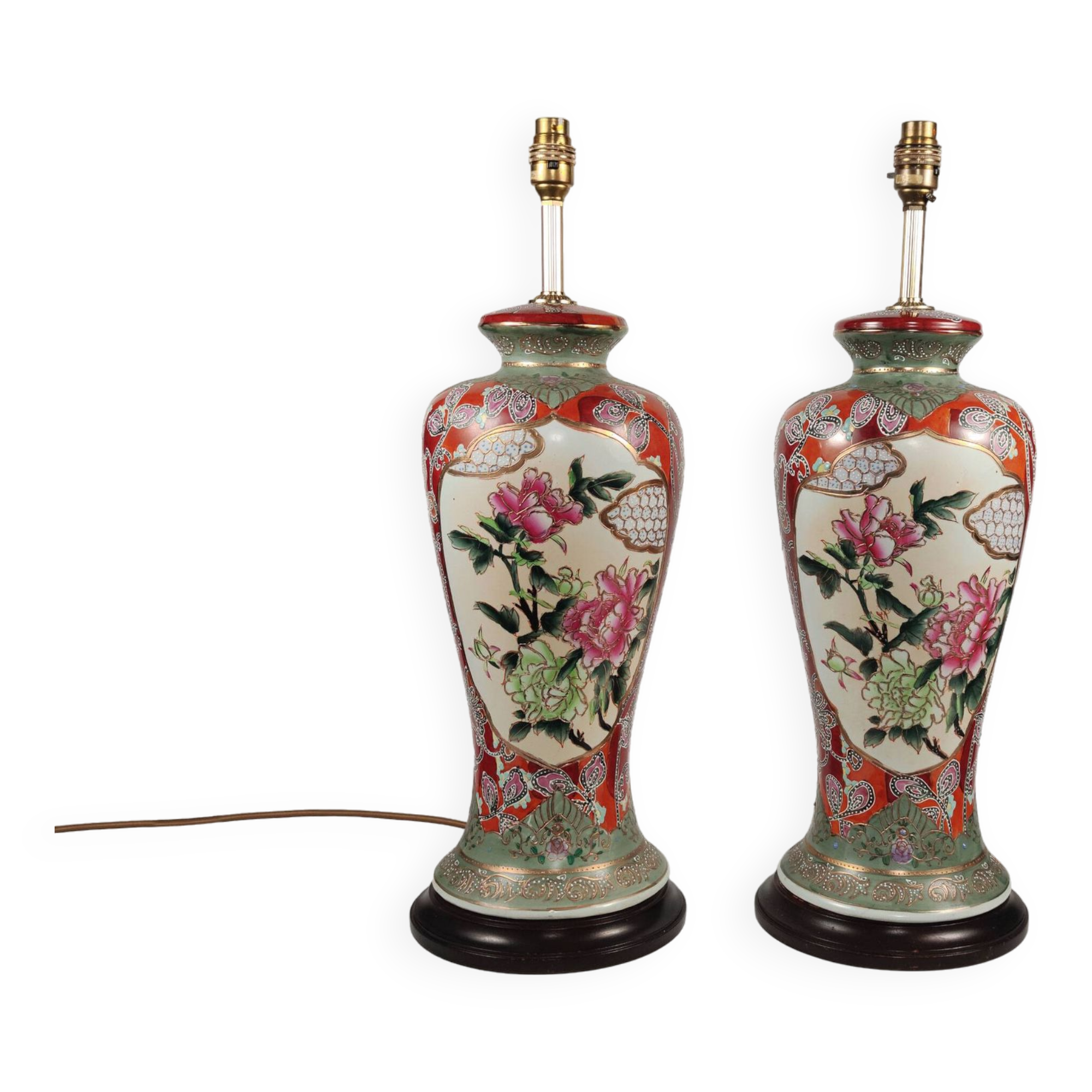 Pair Of XL Vintage Hand-Painted Chinese Floral Pottery Lamps