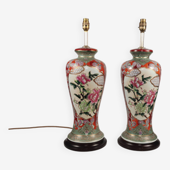 Pair Of XL Vintage Hand-Painted Chinese Floral Pottery Lamps