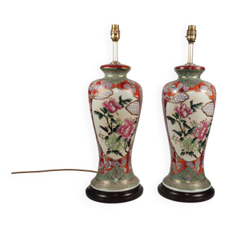 Pair Of XL Vintage Hand-Painted Chinese Floral Pottery Lamps