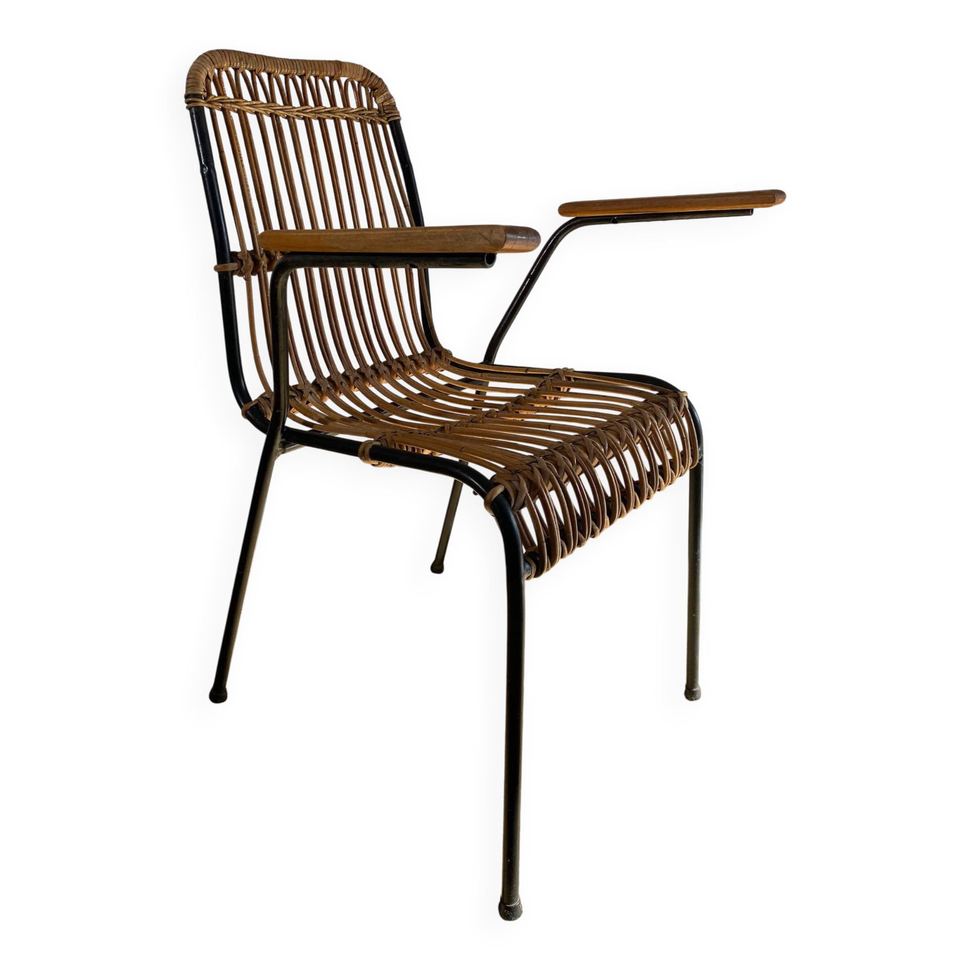 Set of 4 vintage rattan and bamboo chairs by Schumacher, Belgium 1950s.