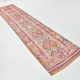 Tapis couloir kilim vintage, Tons pastel rose, bleu et beige, 94x409