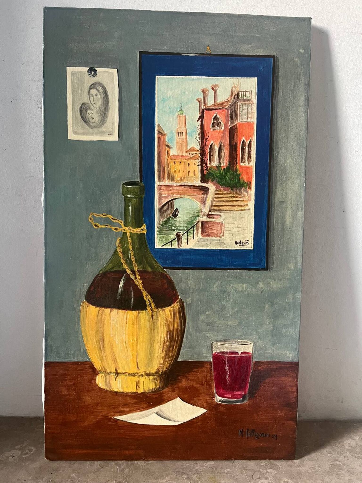 Still life with wine and painting, signed