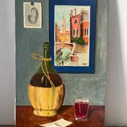 Still life with wine and painting, signed