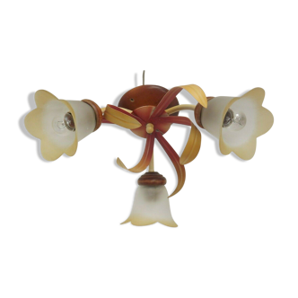 French Vintage 3 Light Wood and Toleware Semi Flush Mount Chandelier Glass Shade 3414