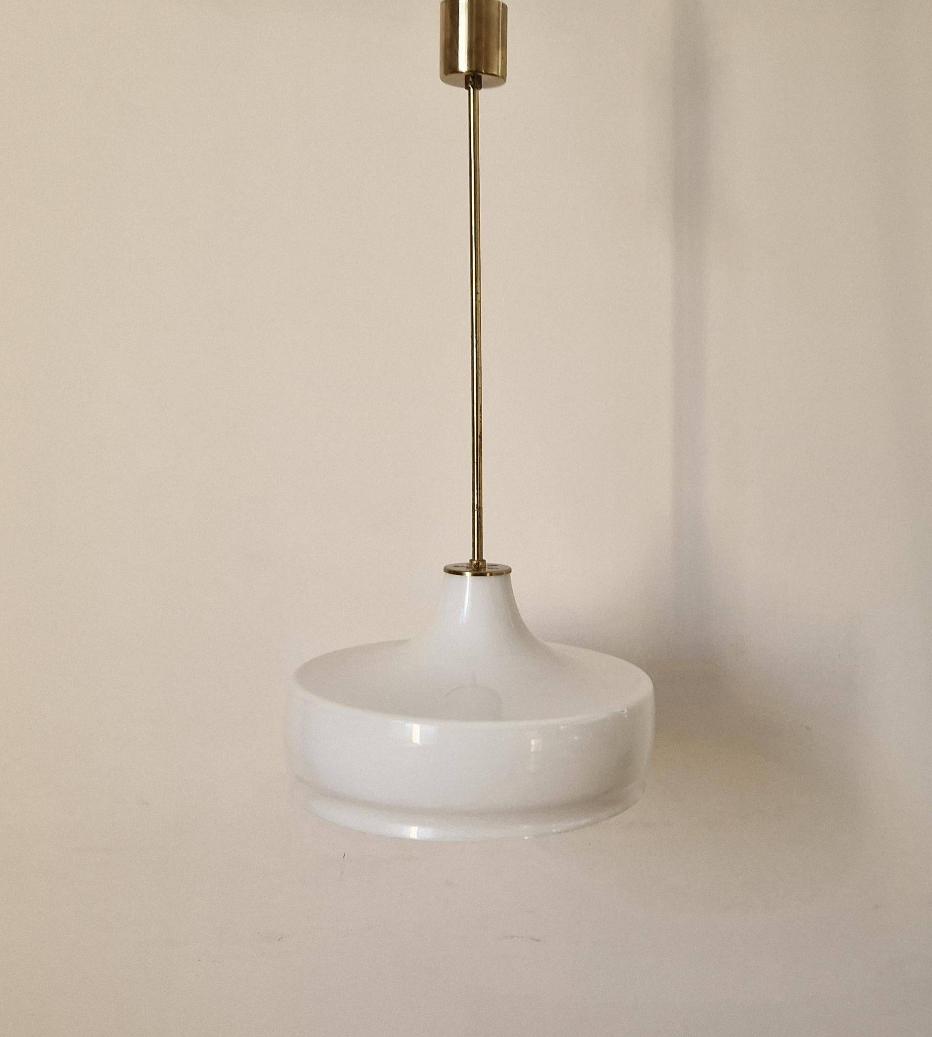 Rare Midcentury Brass and Milk Glass Pendant Kamenicky Senov, 1970s