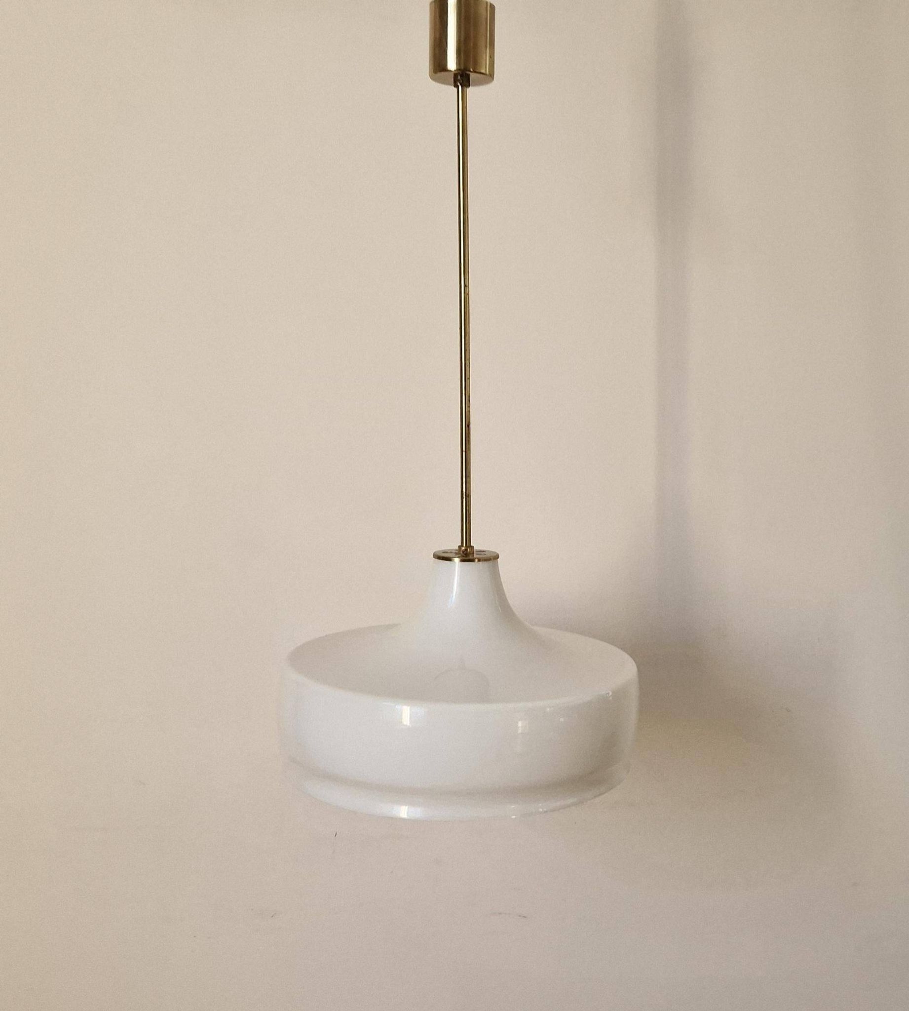 Rare Midcentury Brass and Milk Glass Pendant Kamenicky Senov, 1970s