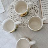 Set of 4 vintage barbotine cups / mugs with polychrome sunflower pattern
