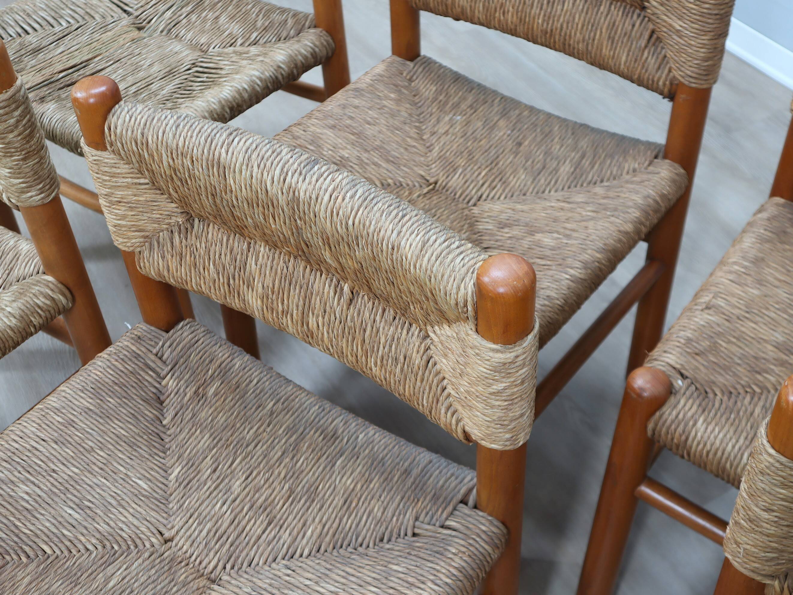 Set of 8 chairs 1960s Charlotte Perriand Style woven straw & wood