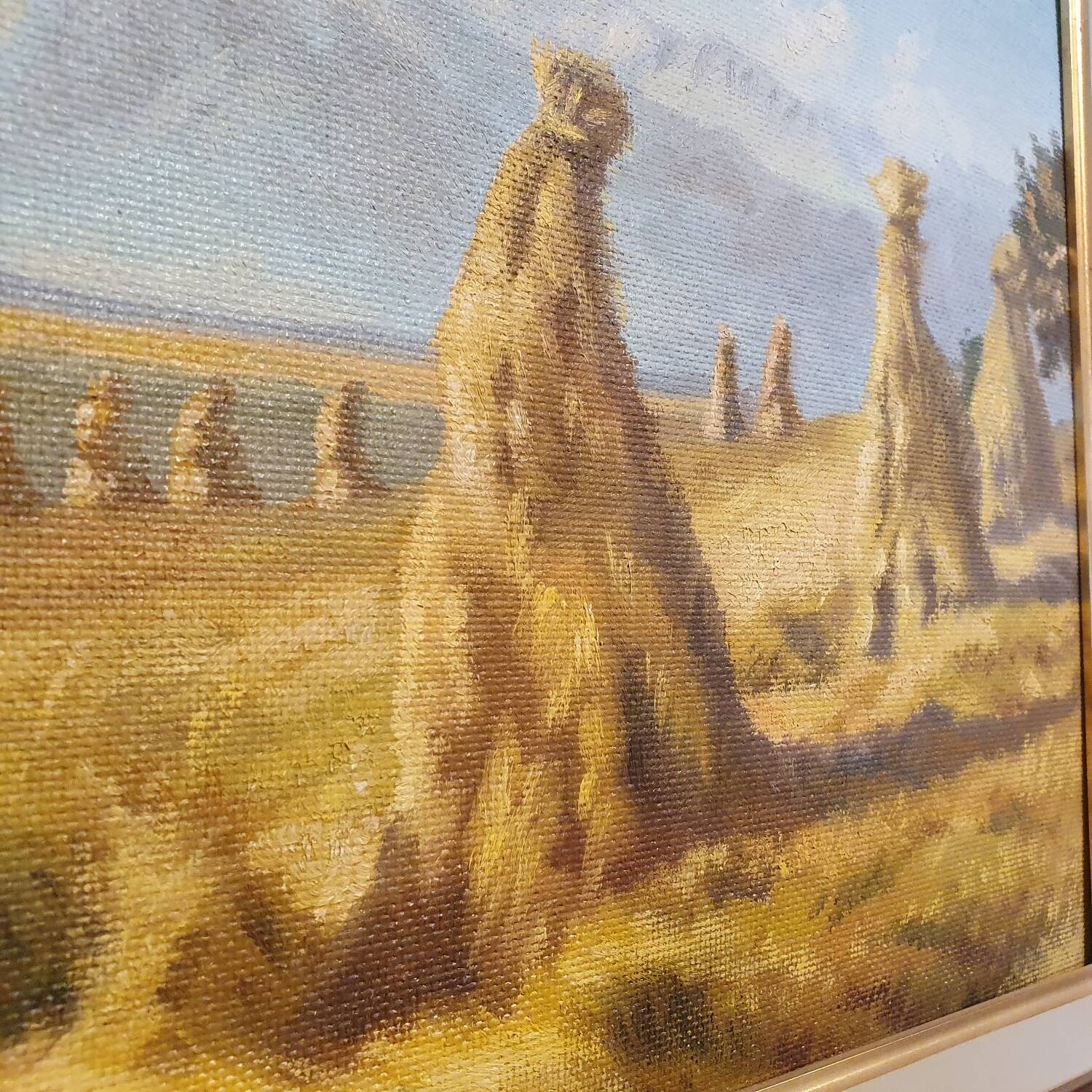 Oil painting on wood, harvest landscape