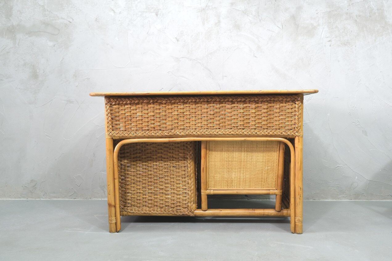 Mid-century italian bamboo, rattan and teak desk, 1960s