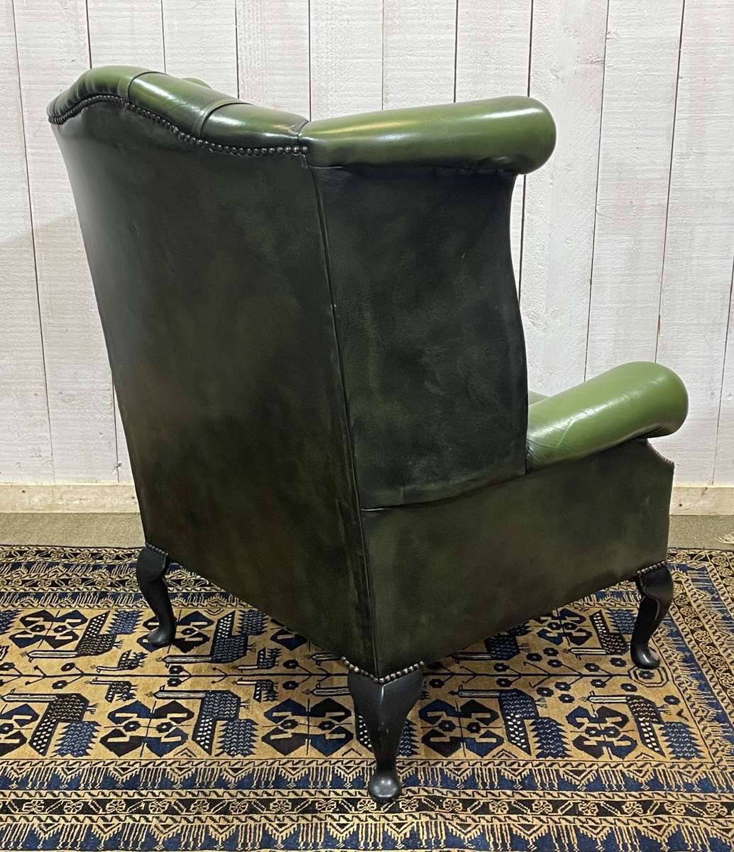 1970s Chesterfield Wingback Chair in Green Leather