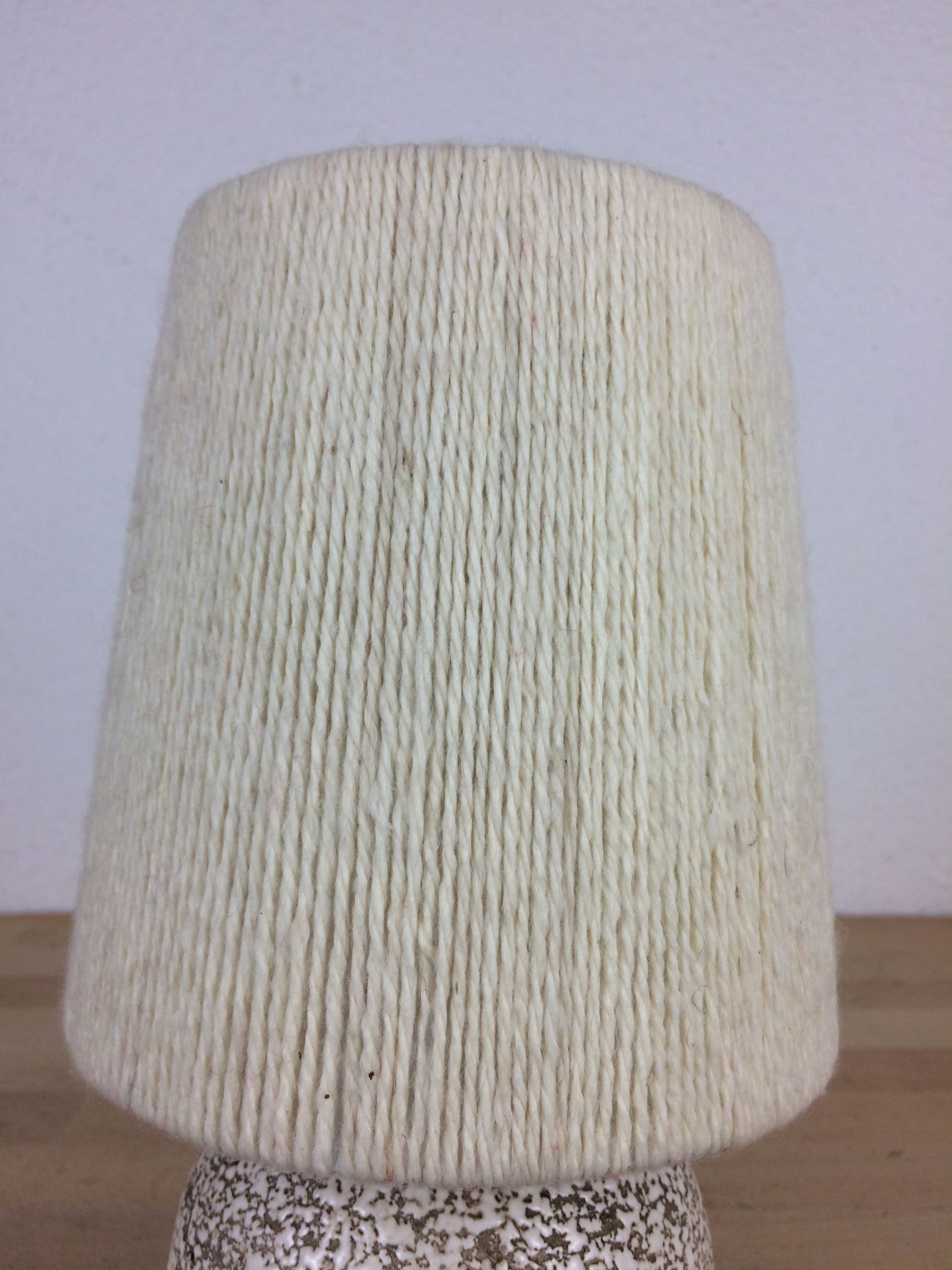 Art Deco ball lamp, white tense ceramic, wool lampshade