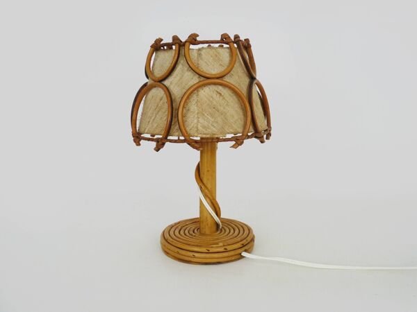 Lampe de chevet, lampe de table en rotin, bambou Louis Sognot. Années 50
