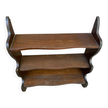 Vintage wall shelf with ornate cutouts in dark wood, 68x88cm, 3 levels, 1950.