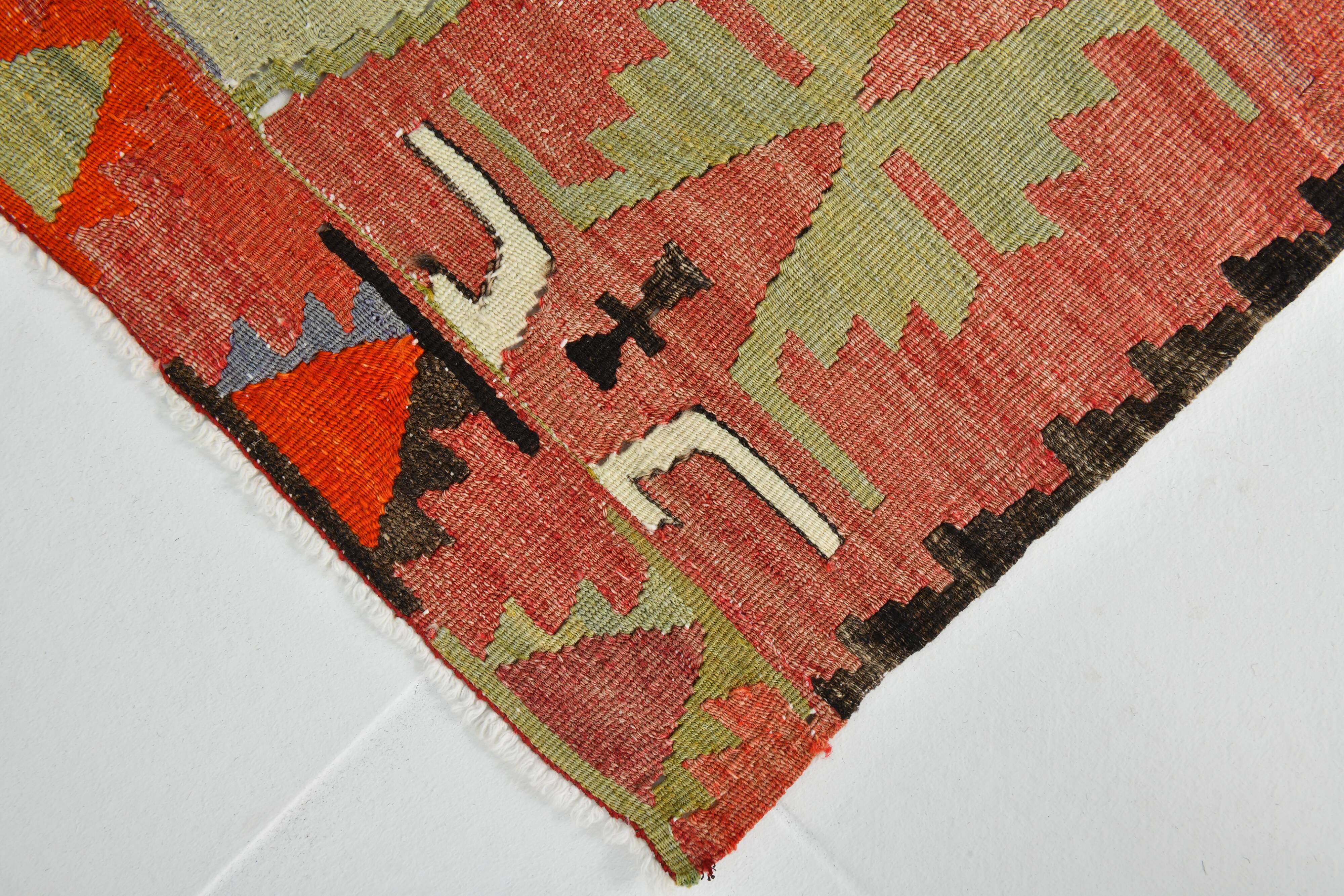4x6 Red & Green Geometric Persian Kilim Rug, 132x194Cm