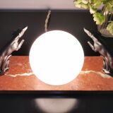 Art deco lamp, marble, globe, opaline and greyhounds in regulation, 1930