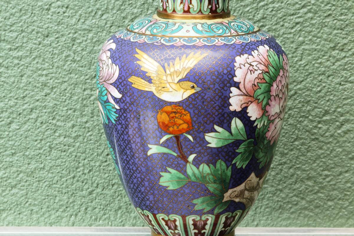 Vase in cloisonné enamel, China, peonies, birds