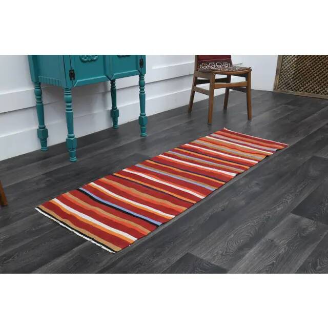 1970s Turkish Hand-Knotted Wool Cotton Red Kilim Runner Rug  62x183