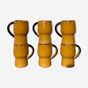 6 mugs en faïence jaune Poet Laval tasses vintage en céramique