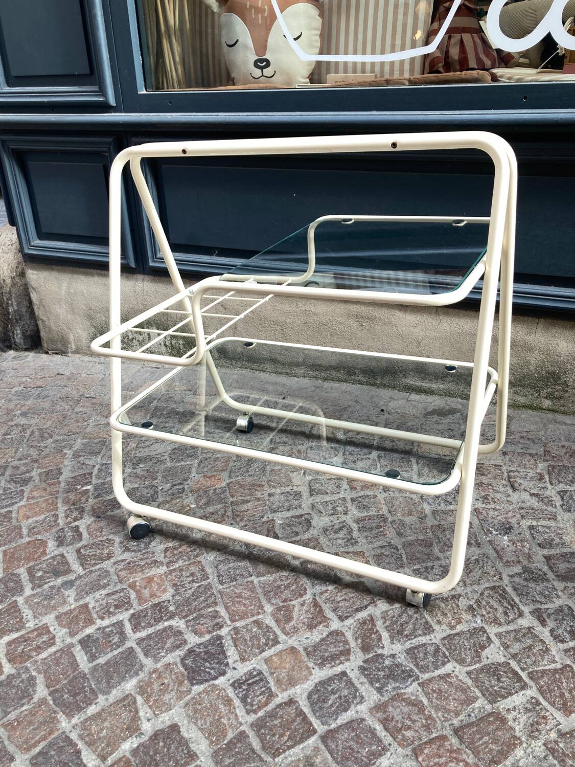 70s rolling trolley in glass and cream metal