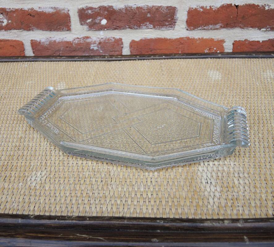 Vintage transparent glass platter in Art Deco style.