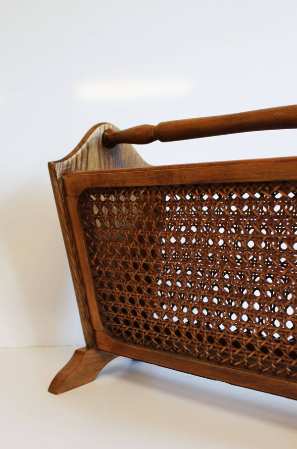 Porte-revues vintage en bois et cannage, 50’s