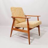 Scandinavian armchair and foot rest yellow mellow Boho upholstery fabric