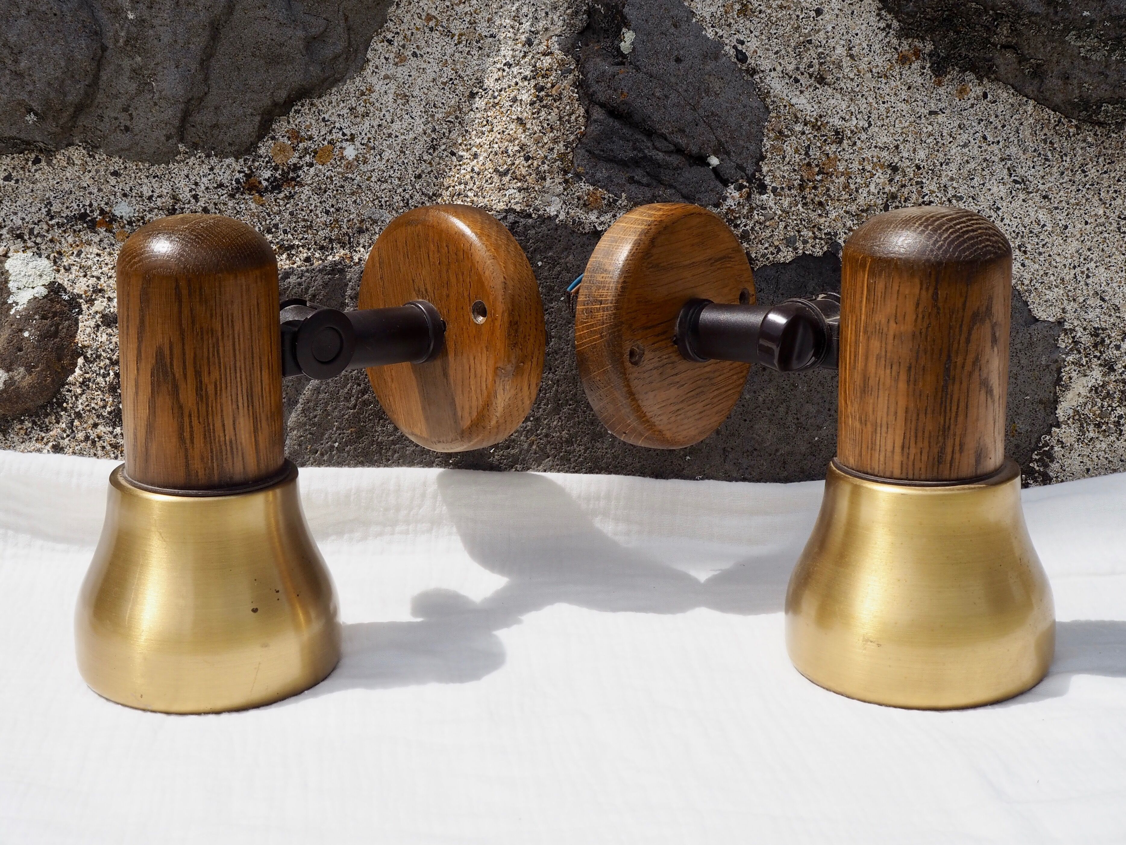Paire d'appliques en bois et métal doré