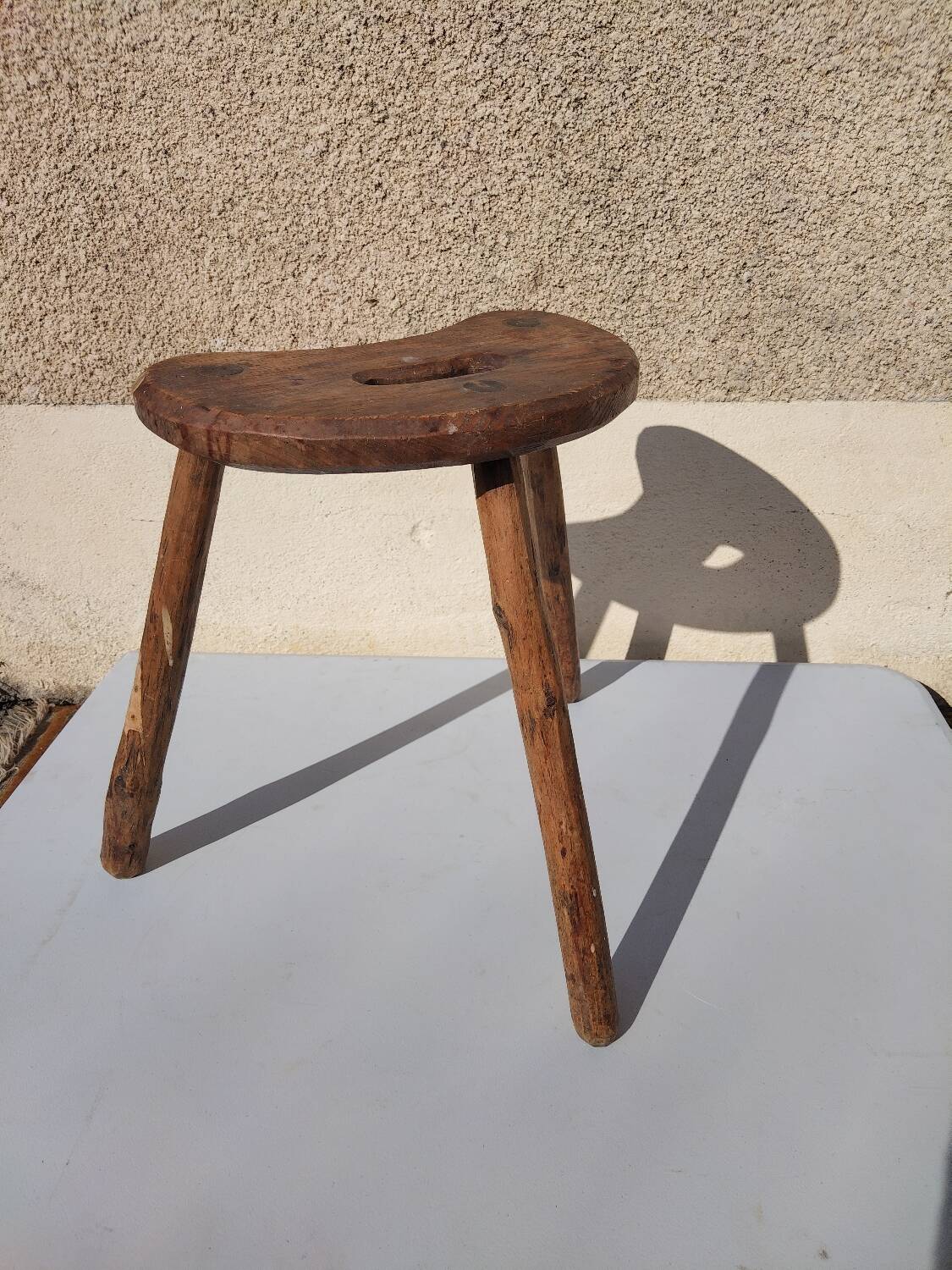 Antique tripod milking stool – folk art – patinated solid wood