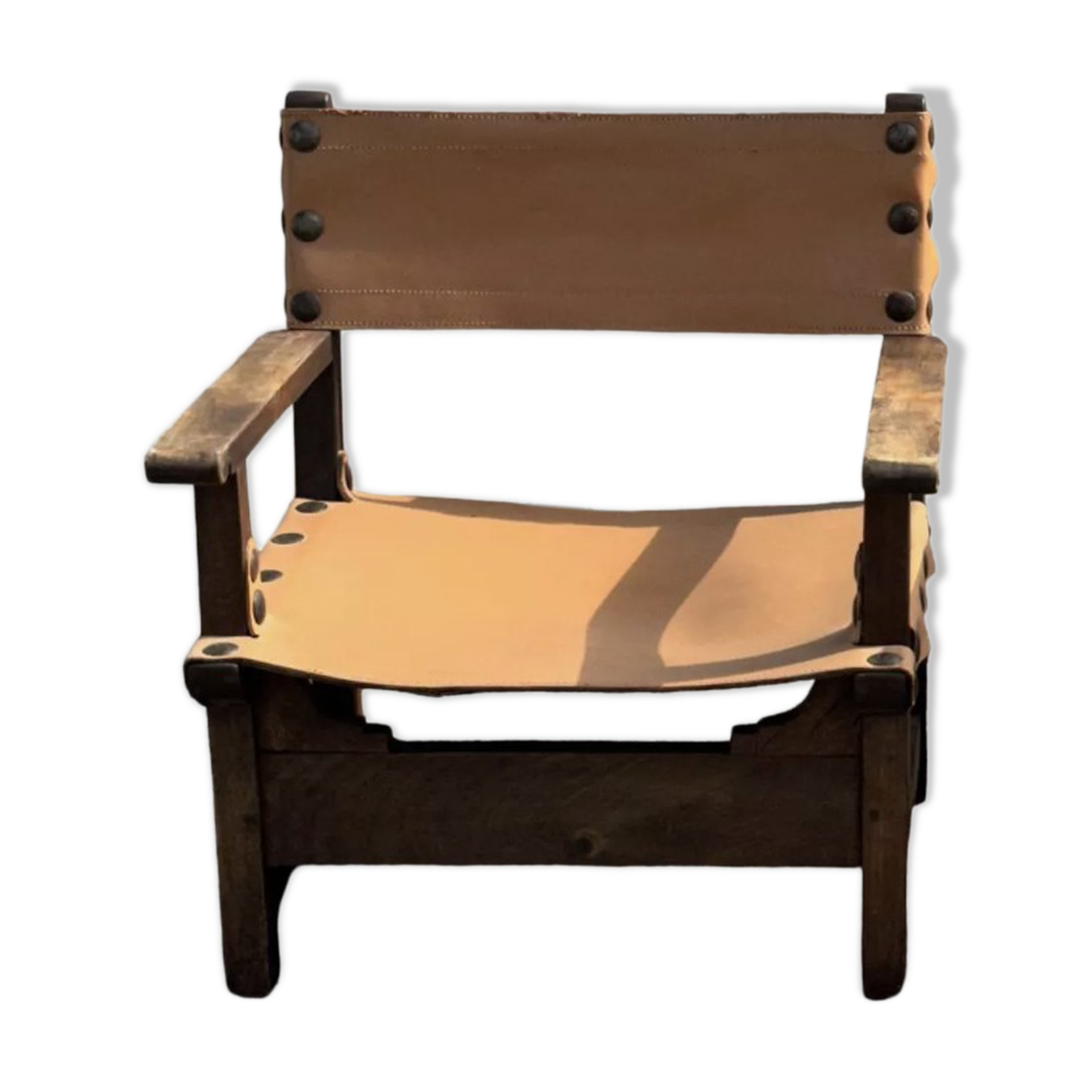 Brutalist armchair in wood and leather 60s