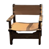Brutalist armchair in wood and leather 60s